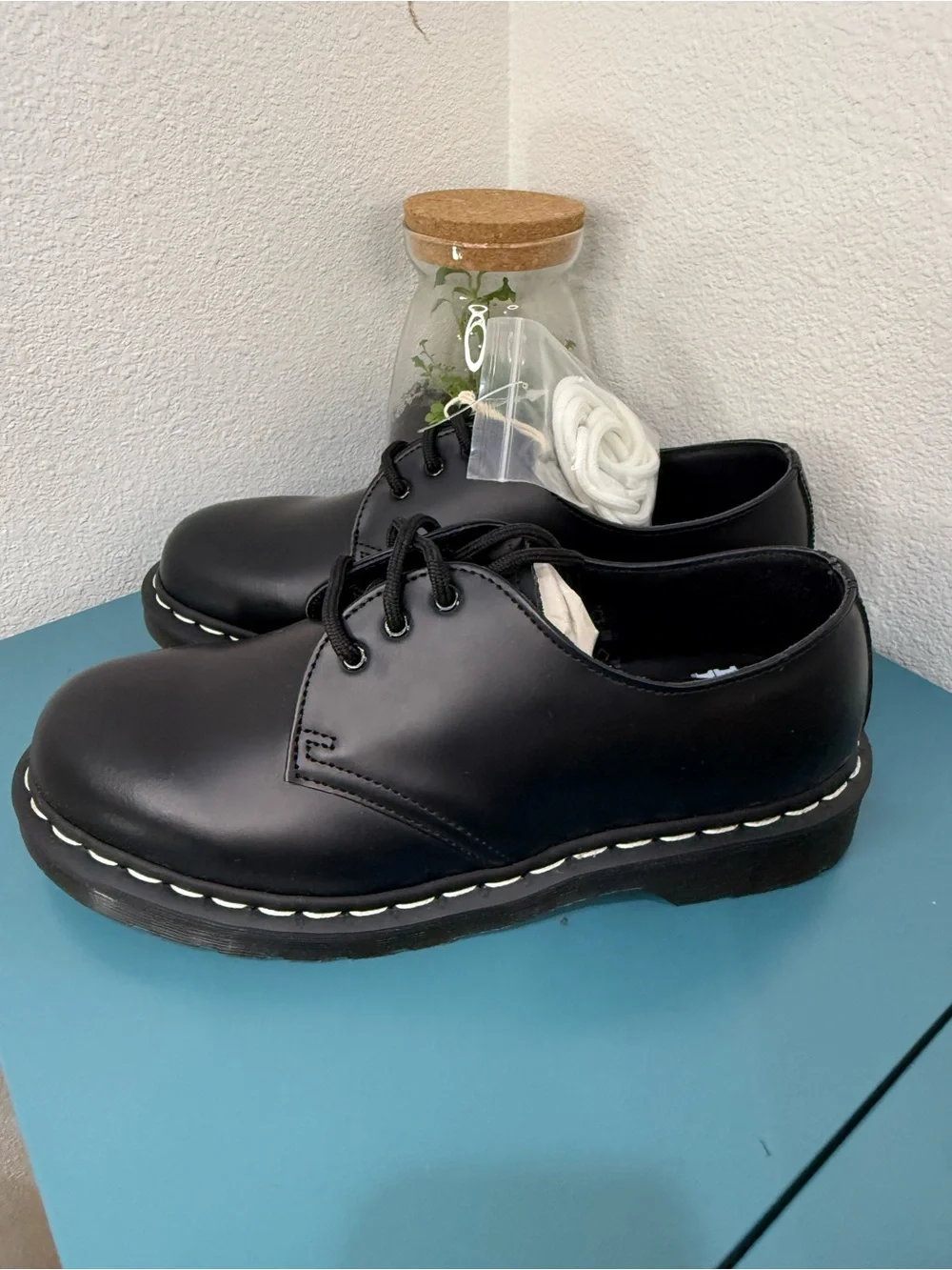 Dr. Martens Black Leather Lace-Up Shoes with White Stitching NIB